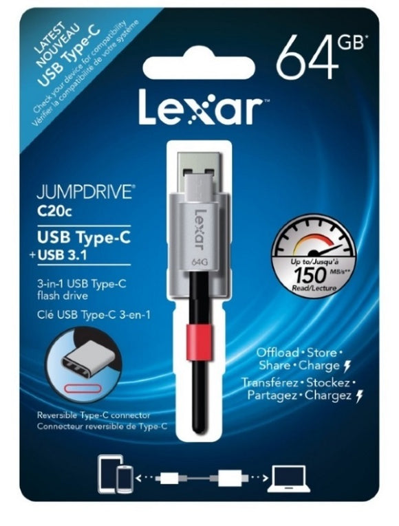 Lexar JumpDrive C20c 64GB USB 3.1 & TypeC Flash Drive - Upto 150MB/s