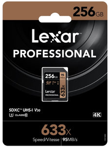 Lexar Professional 633x 256GB SDXC UHS-I Card - Upto 95MB/s U3 C10 V30