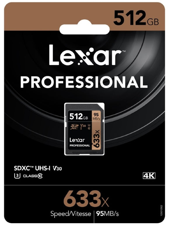 Lexar Professional 633x 512GB SDXC UHS-I Card - Upto 95MB/s U3 C10 V30