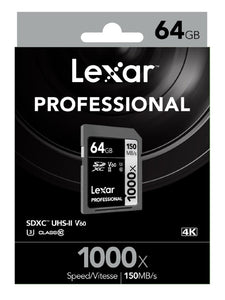 Lexar Professional 1000x 64GB SDXC UHS-II Card  - Up to 150MB/s Read/90MBs Write/ U3 C10 V60/High Quality 1080p HD/3D/4K Video/DSLR/HD/3D Camera