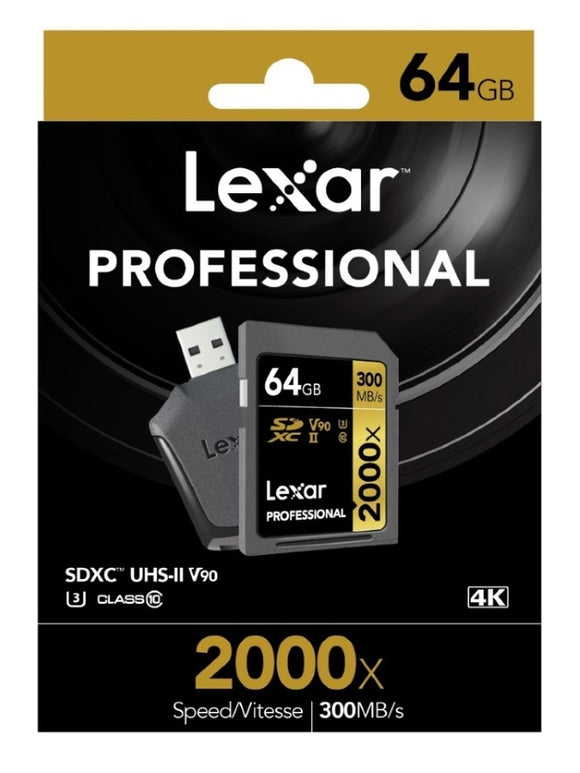 Lexar Professional 2000x 64GB SDXC UHS-II Card - Upto 300MB/s U3 C10 V90