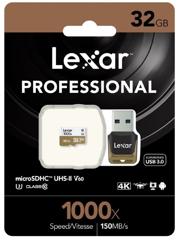 Lexar Professional 1000x 32GB microSDHC UHS-II Card - Upto 150MB/s U3 C10 V60