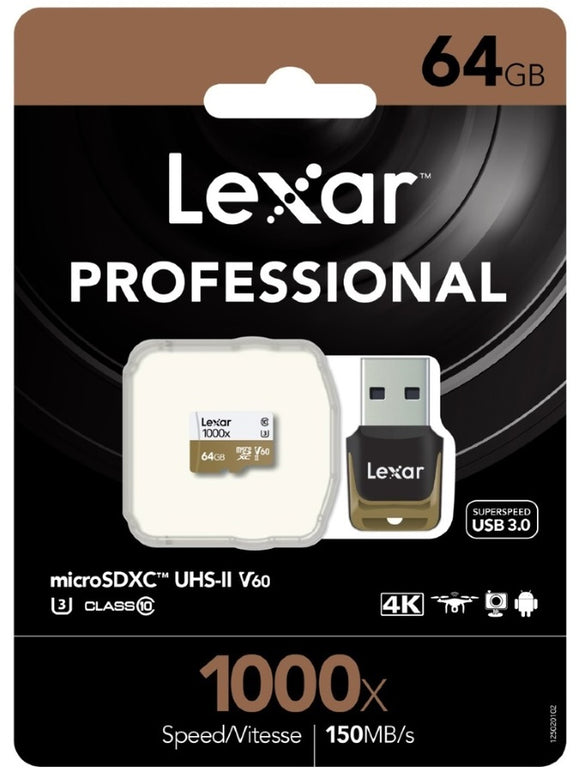 Lexar Professional 1000x 64GB microSDXC UHS-II Card - Upto 150MB/s U3 C10 V60