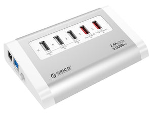 ORICO Aluminium 5 Port USB 3.0 Hub - 3x USB 3.0 Ports, 2x 2.4A 5V Charging Ports w/ 12V 3A Power Adapter and 1m USB Type-A Cable